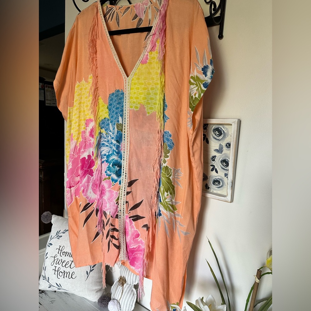 🎯 Floral Multicolor Kaftan Fringe Beach Coverup 100% viscose - Picture 4 of 7